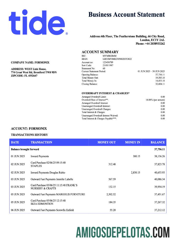 Imprimível Reino Unido Tide Enterprise Statement Word And PDF modelo